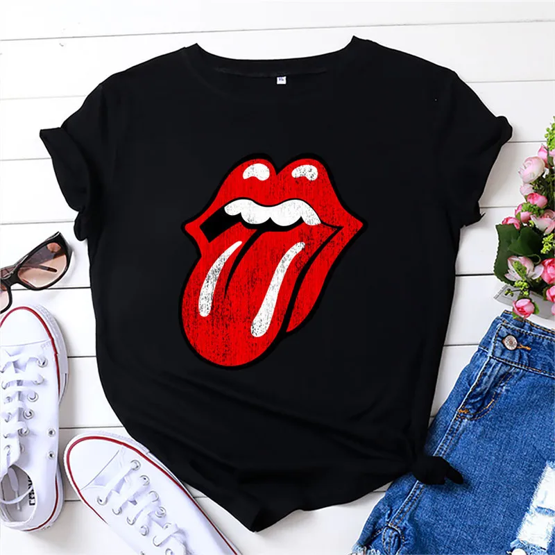 

Summer Women T Shirt 100% Cotton Plus Size 5XL Funny Tongue Print O-Neck Short Sleeve Woman tshirts Fashion Casual Tees Tops