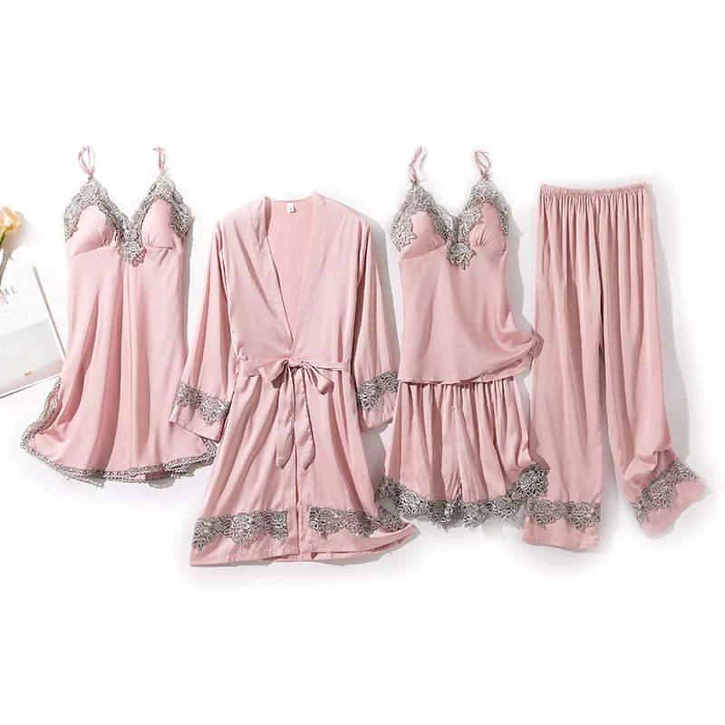 

Female Nightwear Satin Home Clothing Patchwork Pajamas Suit Intimate Lingerie New Arrival Sexy 5PCS Sleepwear Home Clothing