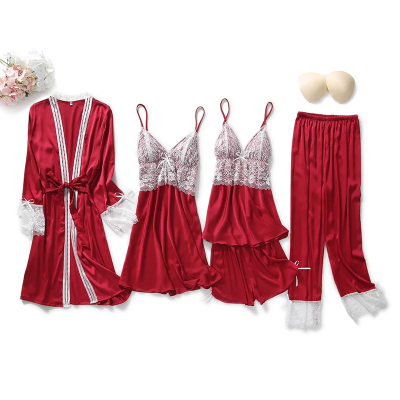 

Summer Autumn Women Pajamas Satin Sleepwear 5PCS Sexy Casual Homewear Long Pants Set Robe Warm Lace Suit Comfortble