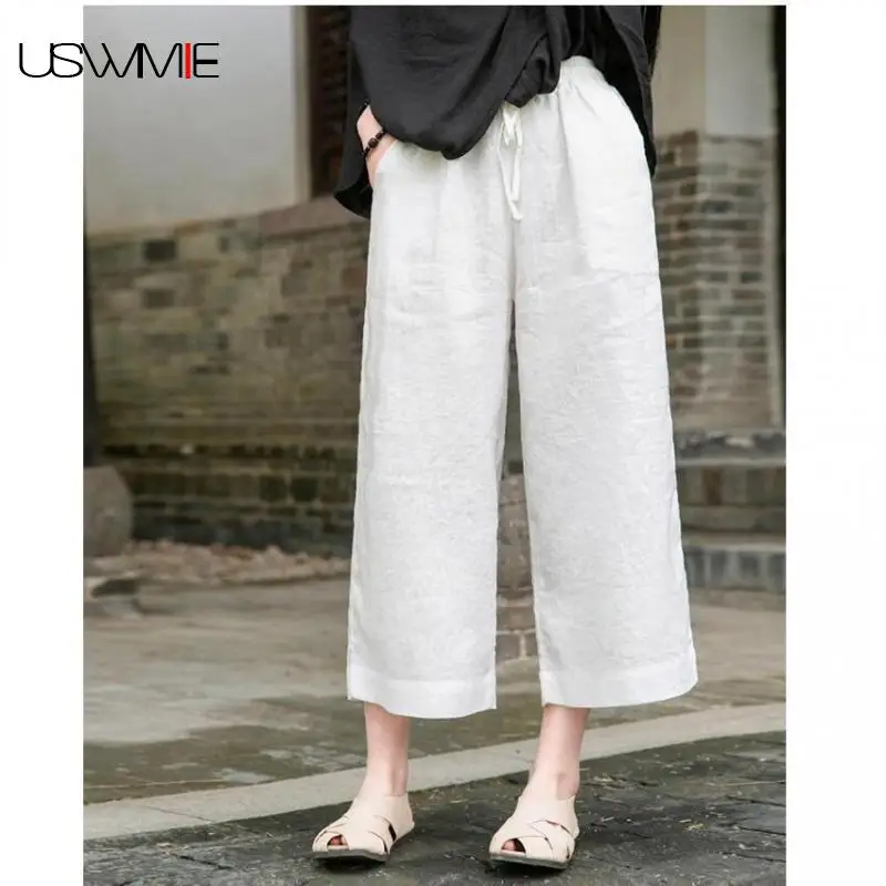 

Free Shipping Wide Leg Pants Spring Autumn New Literary Art Elastic Waist Pure Color Pockets Comfort Loose Nine Trousers Women