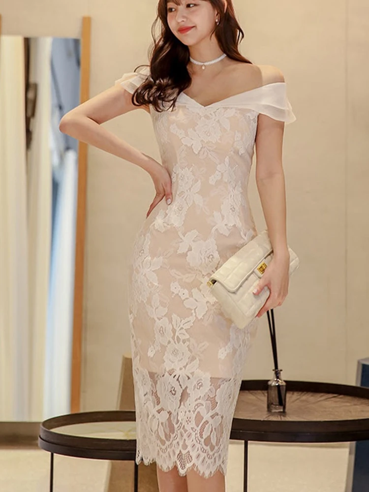 

Hollow Out Flower Lace Dress Women Off the Shoulder Slash Neck Fashion Strap Ruffles Outfit Sexy Bodycon Pencil Dress