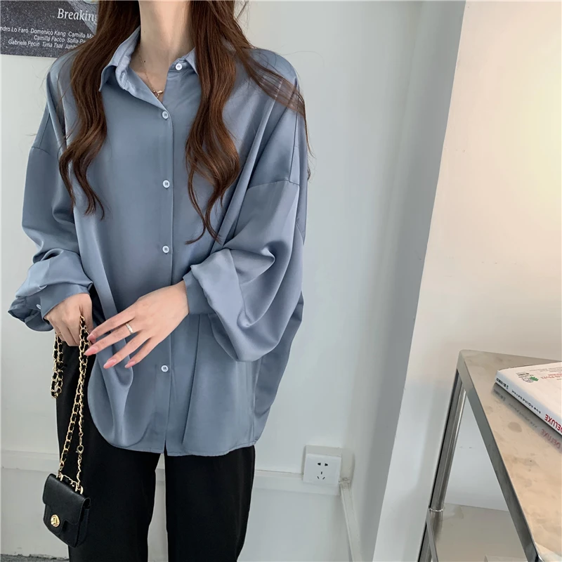 

Houthion Chiffon Loose Women's Blouses New Casual Blouse Fashion Long Sleeve Top Solid Color Polo Shirt Spring/autumn