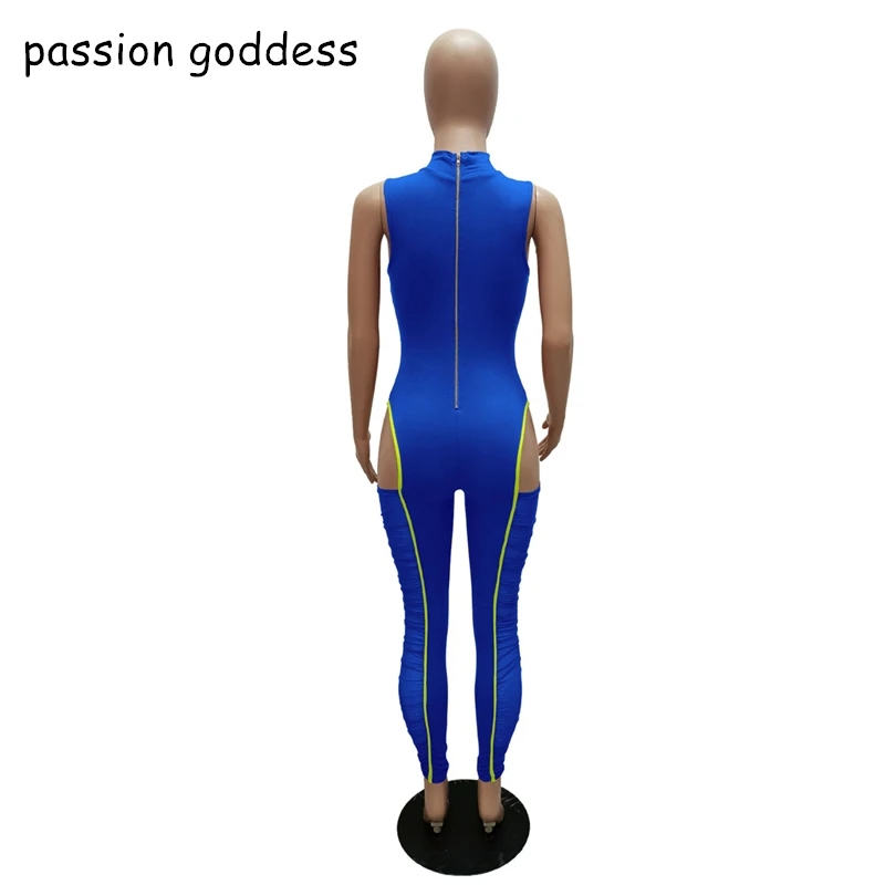 

New Summer One Piece Outfit 2021 Plus Size Women Bodycon Sexy Club Jumpsuit High Neck Sleeveless Mesh Patchwork Ladies Rompers