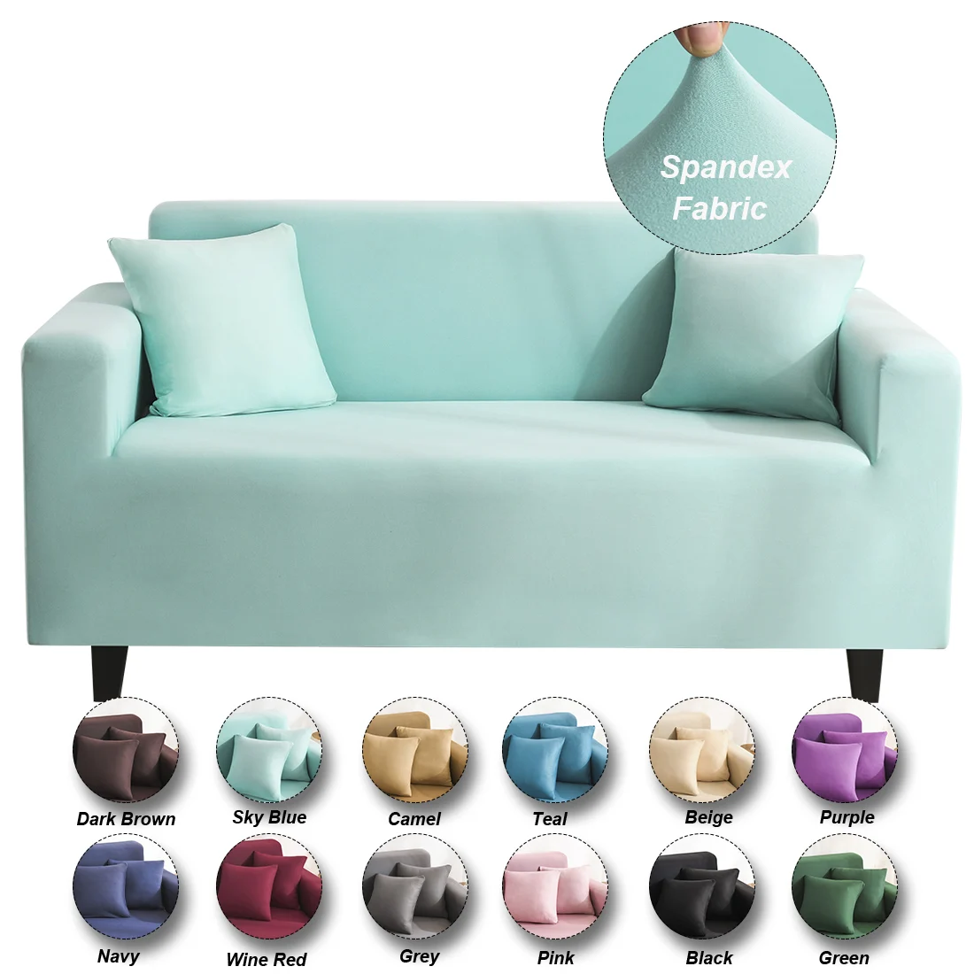 

High Stretch Spandex Fabric Couch Cover Sofa Slipcover Furniture Protector With Elastic Bottom Machine Washable Light Blue