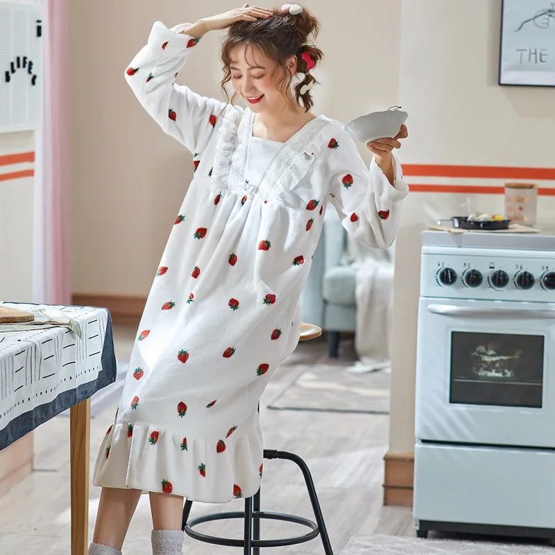 Ночное Платье с принтом юката Осень-зима 2020 утепленная фланелевая Домашняя