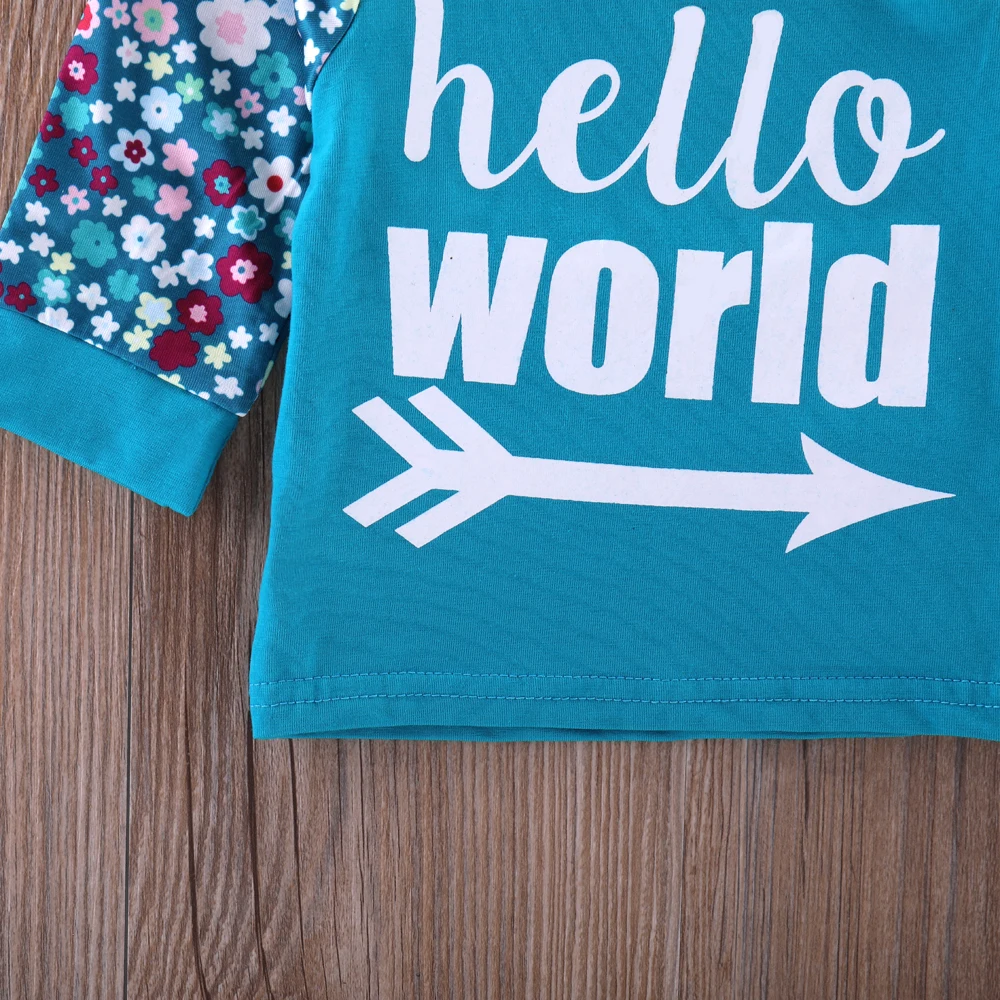 PatPat Comfy Floral HELLO WORLD Print Long-sleeve T-shirt Pants Hat Set in Blue for Baby Boy Expandable Shoulder 3-piece | Детская