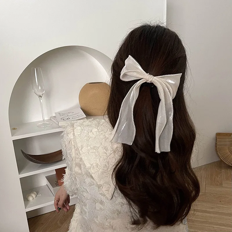 

Elegant Pearl Streamer Hair Bows Clips Women Ponytail Hairpin Pearl Rim Mesh Bowknot Grips Barrettes Top Head Headdress Headwear