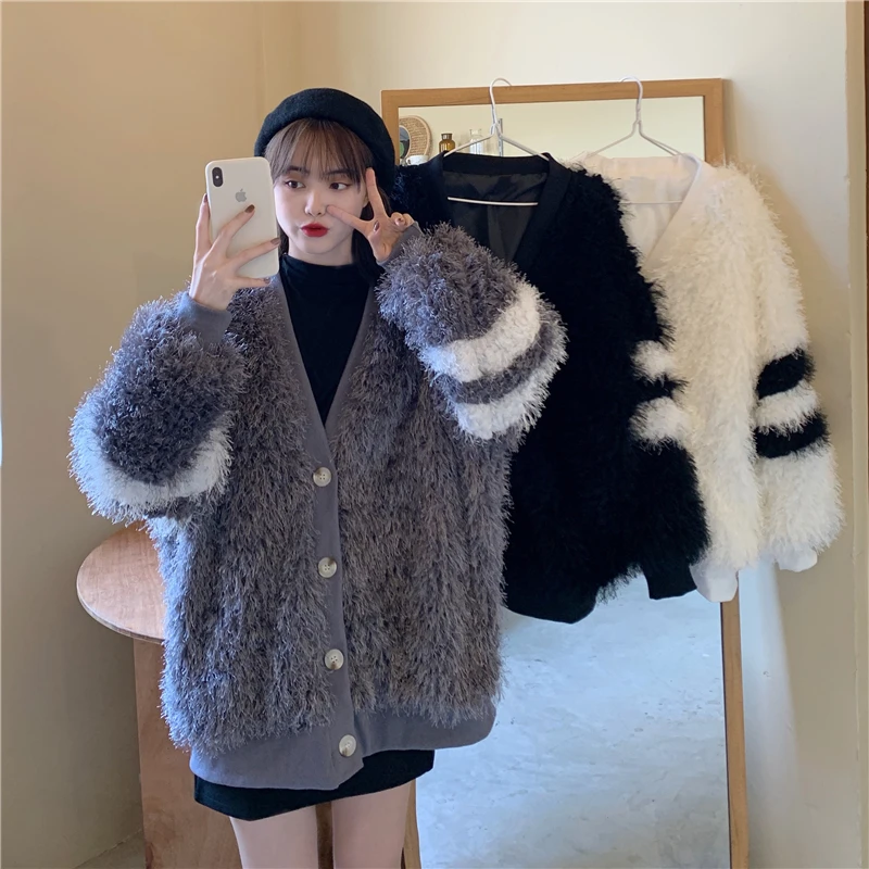 

New Winter Women Faux Fur Striped Long-sleeved Plush Cardigan Female Loose Thick Warmth Wool Blends Mujer
