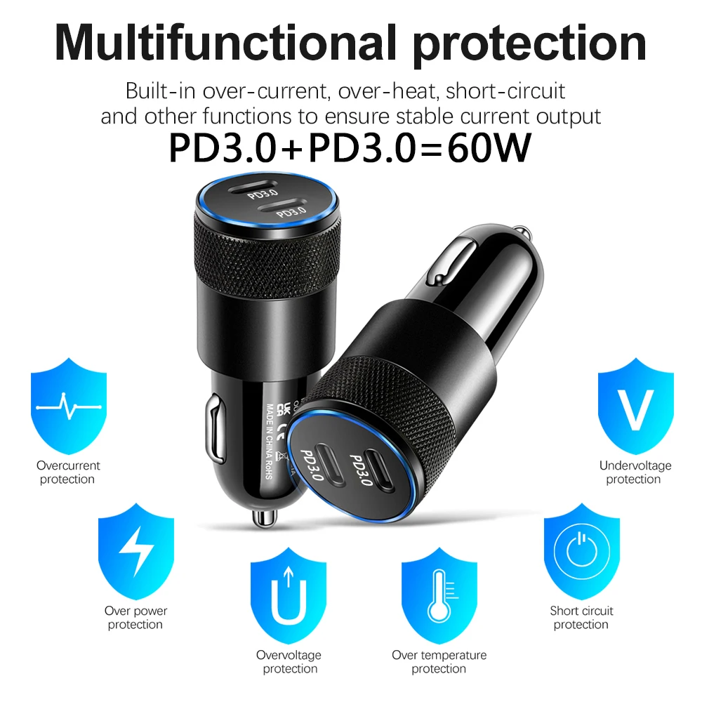 Автомобильное зарядное устройство 2 порта USB C 60 Вт для iphone 13 12 11 Pro Max Samsung Galaxy Note20