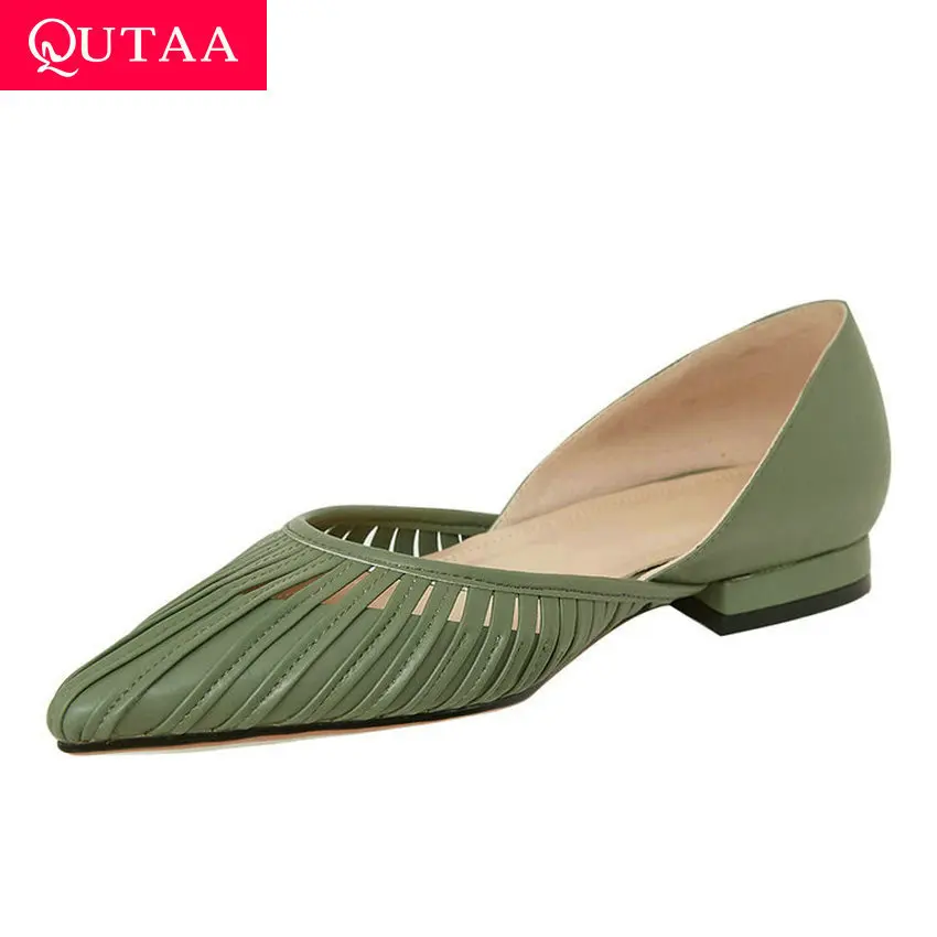 Женские туфли на низком каблуке QUTAA черные из комбинированной овечьей кожи без