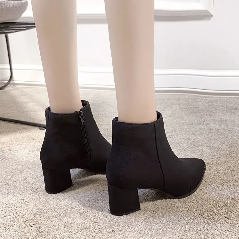 

Women High Heels Boots Winter Black Suede Leather Women's Square Heel Zipper Pointed Toe Boot Female Shoes Autumn Botas Mujer