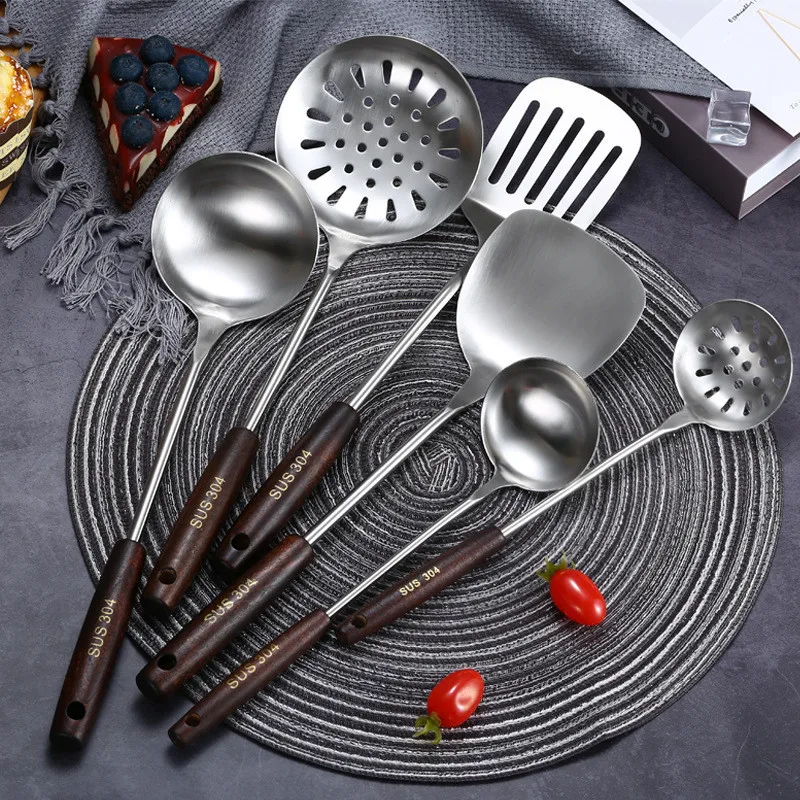 

304 Stainless Steel Spatula Kitchenware Extension Wooden Handle Spoon Spatula Colander Kitchen Cooking Tools