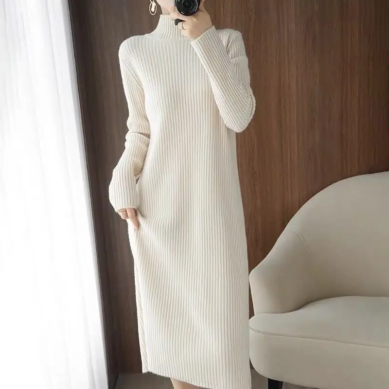 

Turtleneck Solid Long Sleeve Women Knit Dress New 2021 Spring Mid-waist Split Knitted Feminine Vestidos Elastic Pullover Dresses
