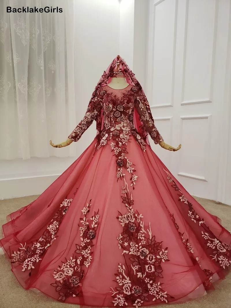 Красные Свадебные платья с вышивкой и аппликацией в виде цветка круглый вырез