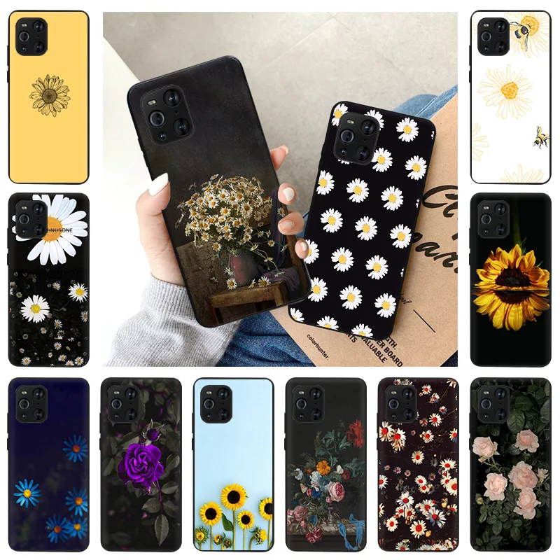 

Black Soft Phone Case For OPPO A55 A95 K9 A74 A94 A93 A7 A53 A52 A9 Ace F11 Find X2 Reno 6 4 3 Pro 5G Daisy Sunflower Cover