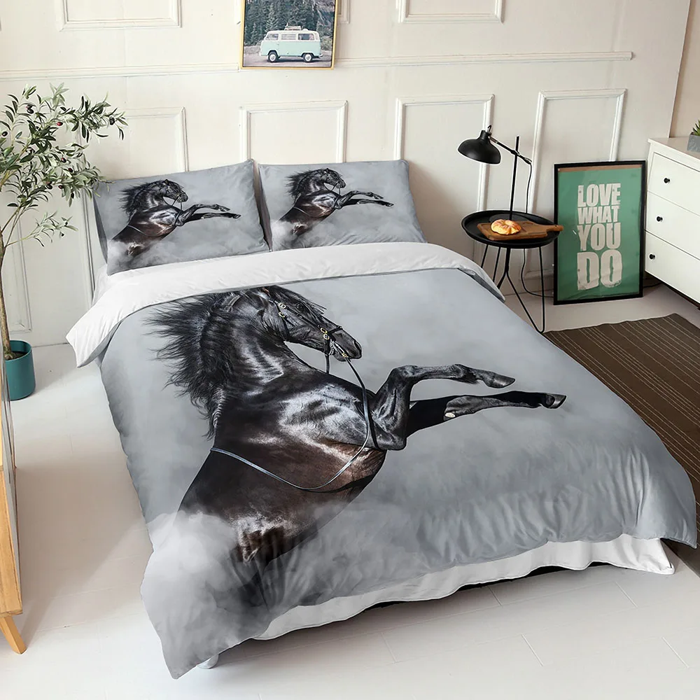

Grey Bed Sheets Fabric Horses Pattern Soft Warm Bed Sheets With Pillowcases Winter Bedroom Decor Home Textiles