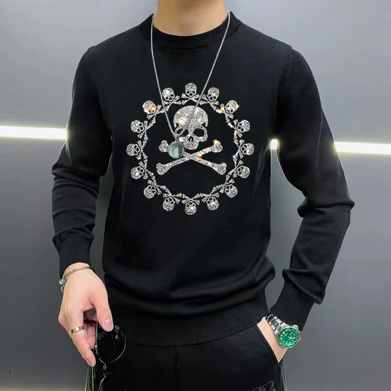 

Top Rhinestone Heavy Craft Skull Knit Pullover Slim-Fit Thick Winter and Autumn Brand Men's Sweater