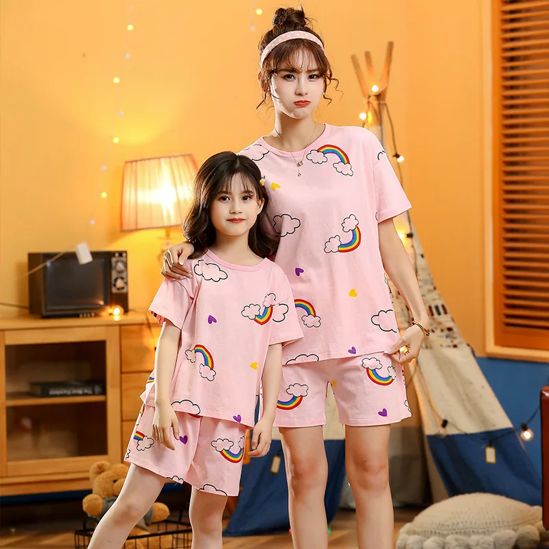 

2021 Mother Daughter Summer Sleepwear Family Matching Look Pajamas Sets Children Clothing Mom Me Cartoon Unicorn Pyjamas Outfits