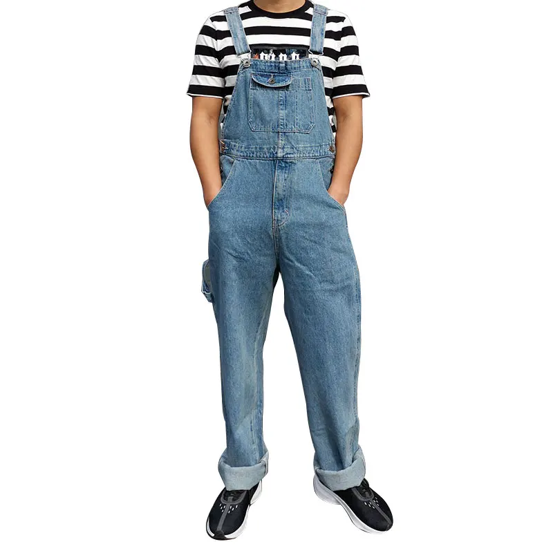

Size 30 - 46 2021 Classic Overalls Bib Men Jeans Denim Jumpsuits Big Pocket Loose Straight Cowboy Coverall Pants Blue Trousers