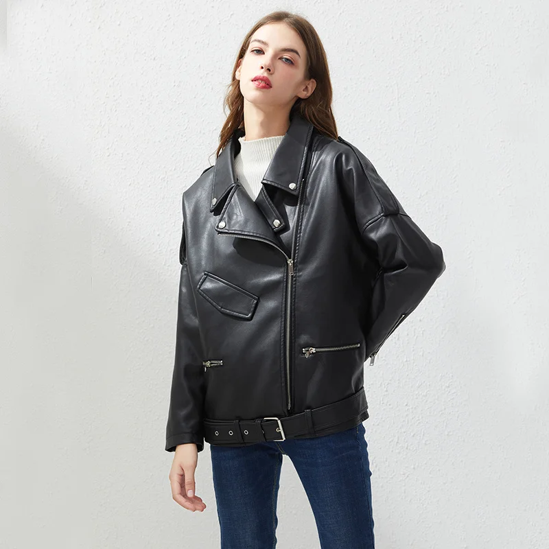 Fitaylor PU Faux Leather Jacket Women Loose Sashes Casual Biker Jackets Outwear Female Tops BF Style Black Leather Jacket Coat enlarge