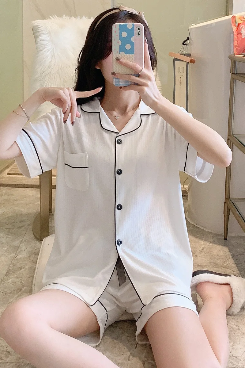 

V-Neck Pajama Sets for Women Long Sleeve Cotton Crepe Pyjamas Ladies Spring Autumn Sleepwear Home Clothes Nightwear Two Piece