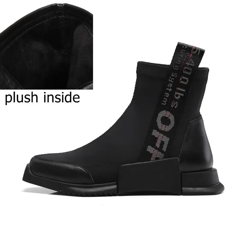 plush inside ALLBITEFO/Брендовые женские ботинки на плоской подошве из натуральной кожи и эластичного материала; модные повседневные ботильоны для девочек; ботинки в байкерском стиле - Цвет: plush inside