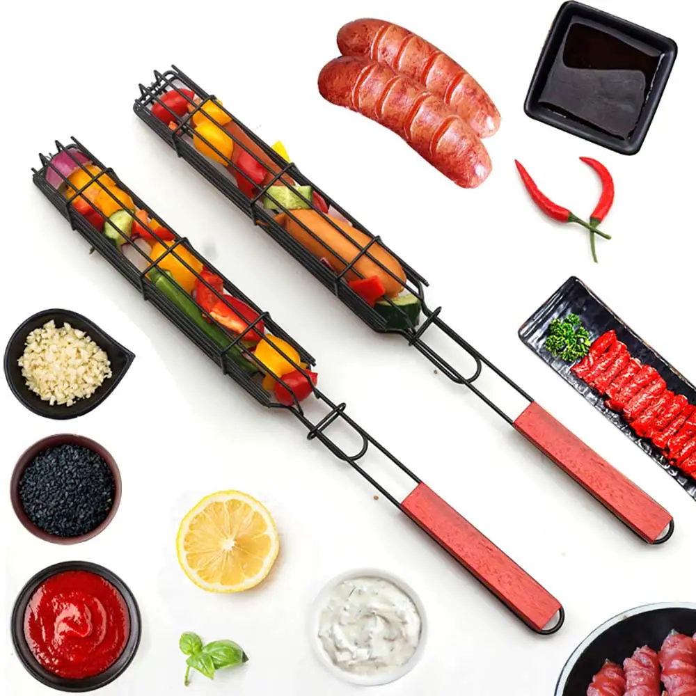 

Barbecue Basket Bar Shape Iron And Wood Skewer Basket Outdoor barbecue utensils Portable BBQ Grilling Basket