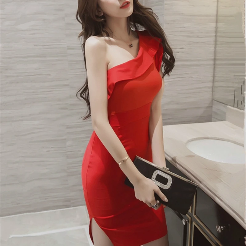 Ladies Sleevelss Sheath Ruffle Wrap Black Mini Dress Women Sexy Dinner Dresses for Women Red One-Shoulder Evening Party Dress