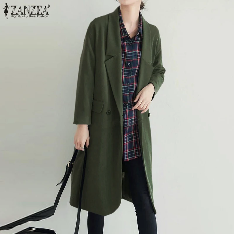 

Модный однотонный длинный рабочий Блейзер, женские осенние куртки ZANZEA, Повседневная Верхняя одежда с длинным рукавом, Женская двубортная в...