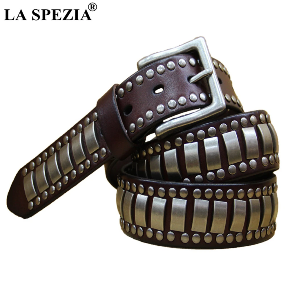 LA SPEZIA Rivet Men Genuine Leather Rock Belt Brown Male Belts High Quality Novelty Motorbike Autumn Punk Clothing Accessories