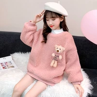 loose bear winter warm clothes girls sweater kids plus velvet toddler teens tops thicken children cute high quality solid color