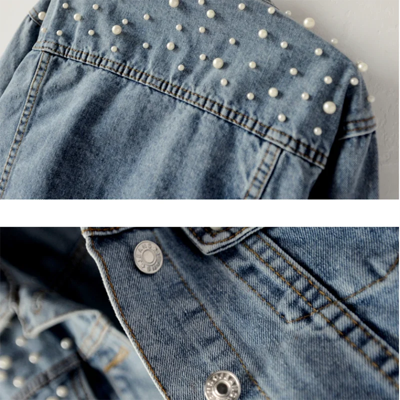 Новая осенне Весенняя женская джинсовая куртка с бусинами большие размеры