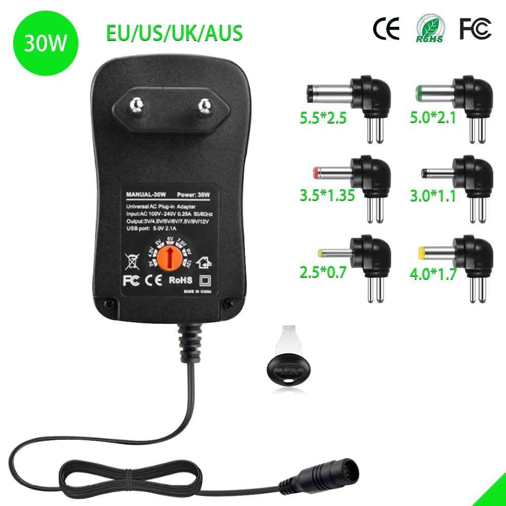 

30W Universal Adaptor Charger 3V 4.5V 5V 6V 7.5V 9V 12V 2A 2.5A AC/DC Adapter Adjustable Power Supply Adapter