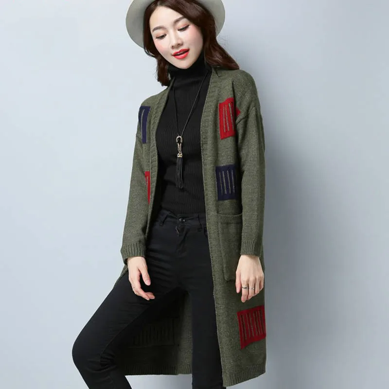 army green Neploe кардиган женский свитер куртка пальто элегантный карман длинный рукав Верхняя одежда контрастный цвет длинное трикотажное пальто 54901 - Цвет: army green