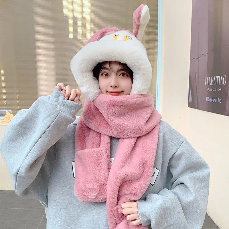 

New Cartoon Cute Ears Outdoor Warmth Autumn Winter Three Piece Hat Bib Gloves Set Girls Pink Yellow Grey Brown Hats For Women