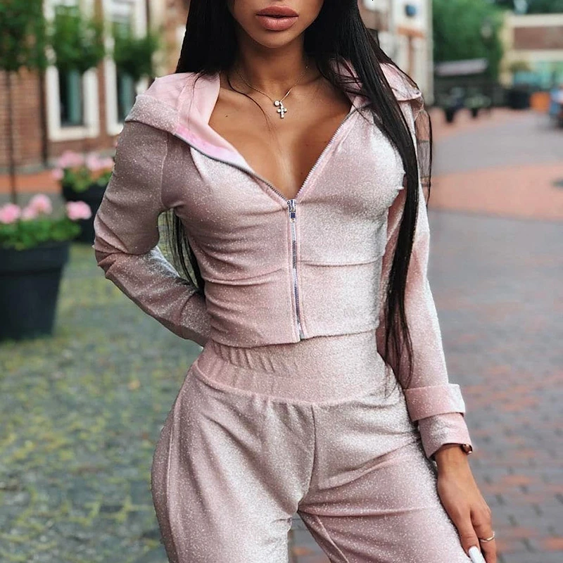 Pink Fuedage, лето, осень, комплект из двух предметов, толстовка, топ и штаны, спортивный костюм, женский комплект, эластичные на талии для отдыха, Женский комплект 2 шт., наряды - Цвет: Pink