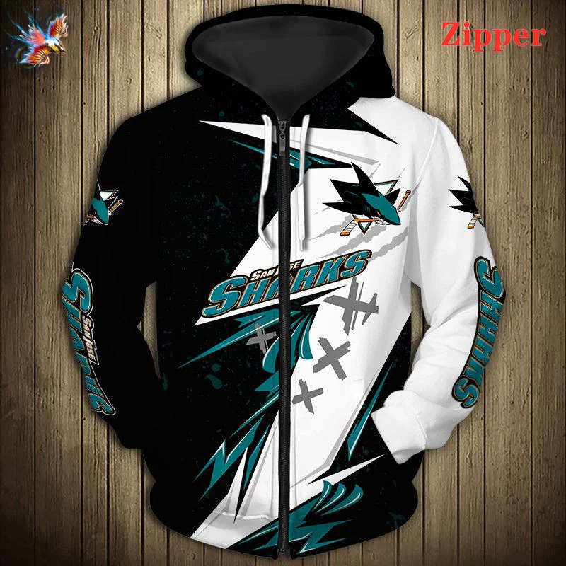 

Thin San Jose Men's Personalized Casual 3D Zipper Hoodie Geometric Stitching Graffiti Design Black Fish Print Shark Sweatshirt