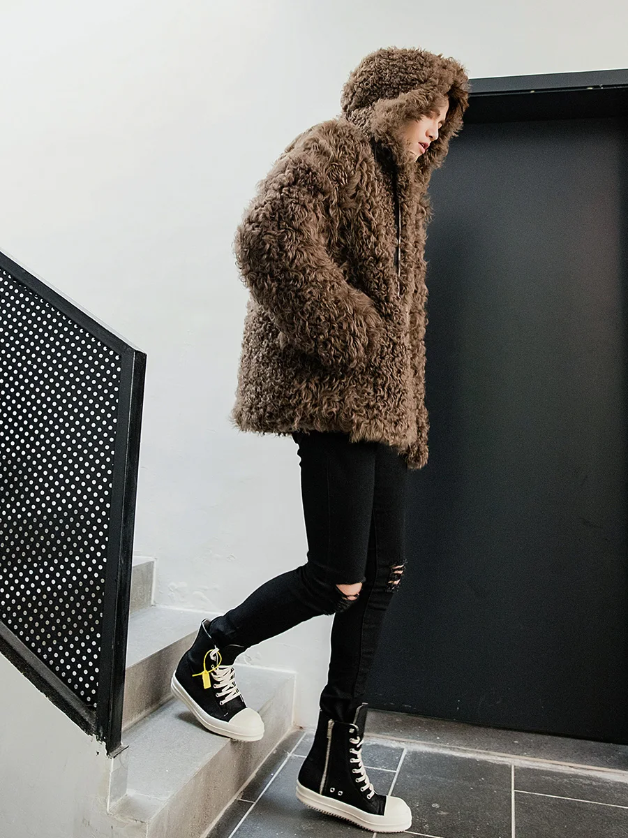 Мужская куртка из натурального меха Caot зимняя овечьей шерсти с капюшоном пальто