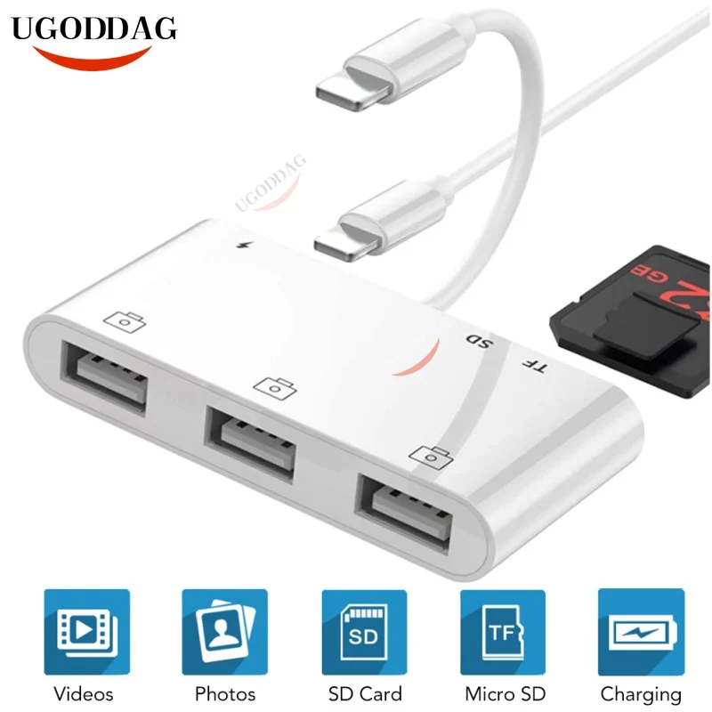 

6 In 1 For Lightning To Camera SD TF Card Reader 3 USB Port OTG Adapter Cable for iPhone 11 / X 8 Support SD T-Flash Card Reader