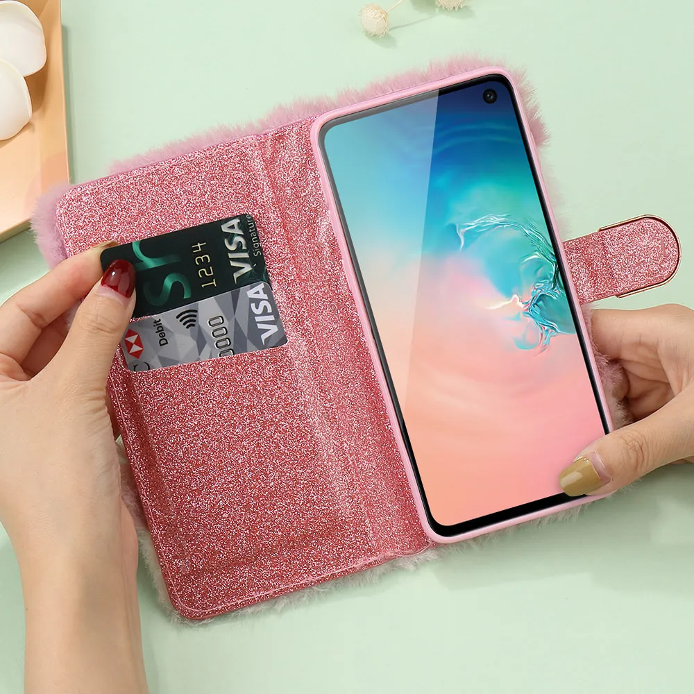L-FADNUT Роскошный милый меховой пушистый чехол-кошелек для samsung Galaxy S10e Note 9 S9 Plus S8 Note 10 Plus 5G S7 edge мягкое кожанное покрытие