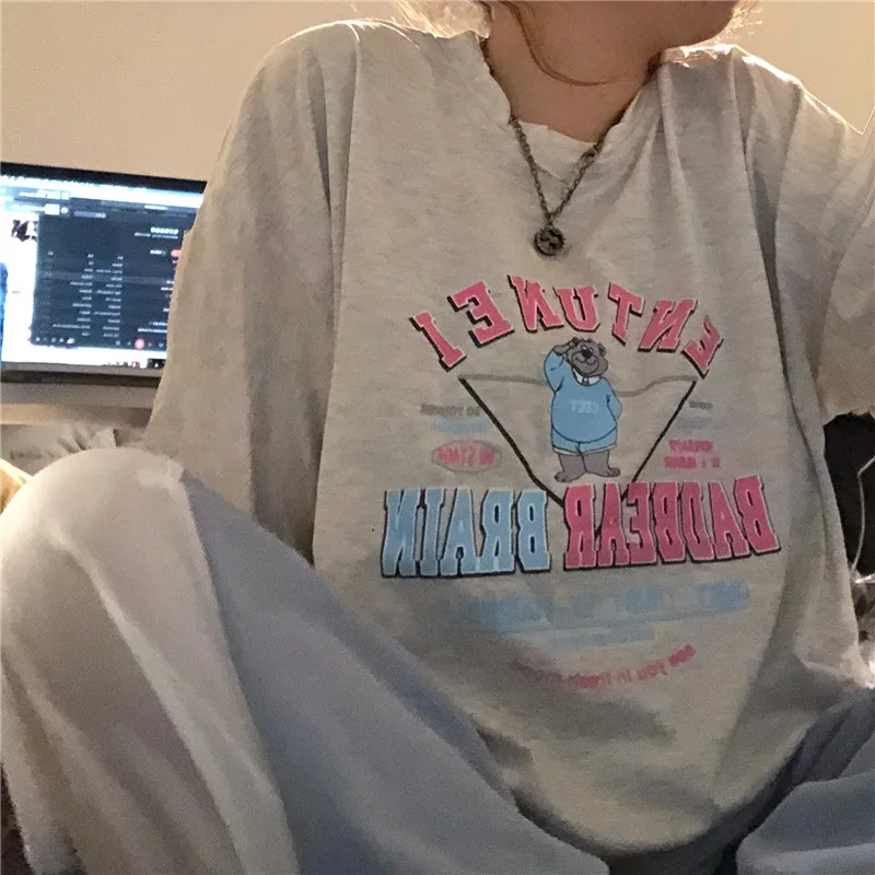 

Summer 2021 New Women's Japanese Lazy Style round Neck Loose Letter Bear Printed Short Sleeve T-shirt Top Clothes Fashion