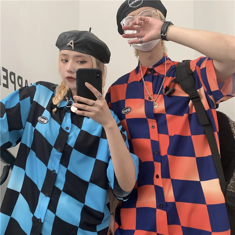 

Trendy High Street Shirt Men's and Women's Summer 2021new Harajuku Style Chessboard Plaid Color Matching Short Sleeve Loose Top