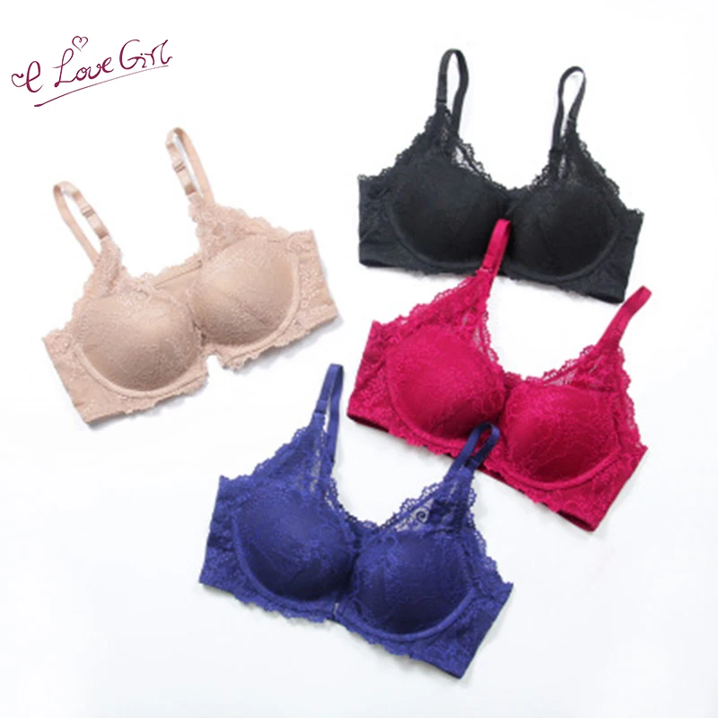 

E lovegirl Sexy Gathered Adjustable Front Buckle Without Steel Ring Lace Edge Female Bra Small Chest Thick Cup Underwear
