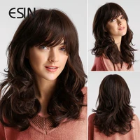 esin synthetic hair ombre dark brown wig with bangs side part medium long body wave wigs for women party daily free hairnet