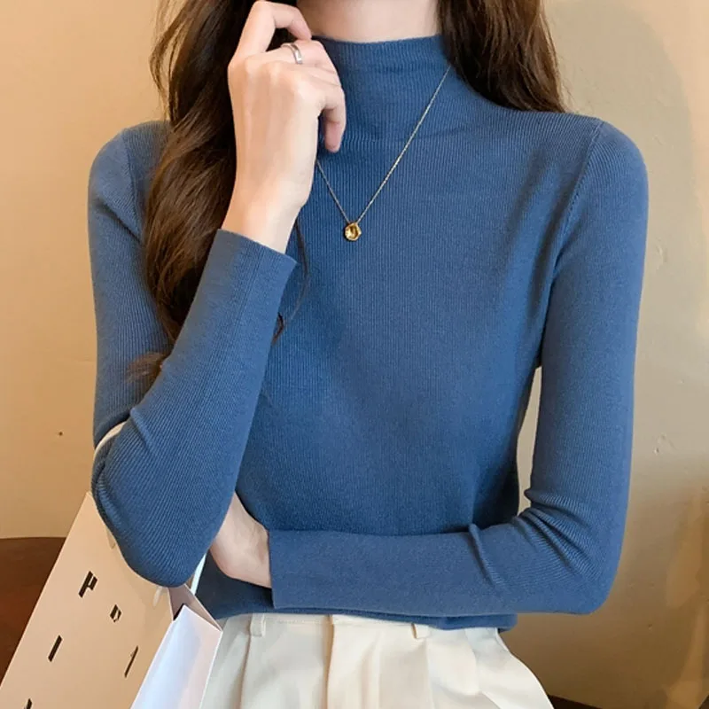 

Autumn and Winter Sweater Women 2021 High Collar Knitted Bottoming Sweater Female Solid Black Long Sleeve Tops Dropshipping 2086
