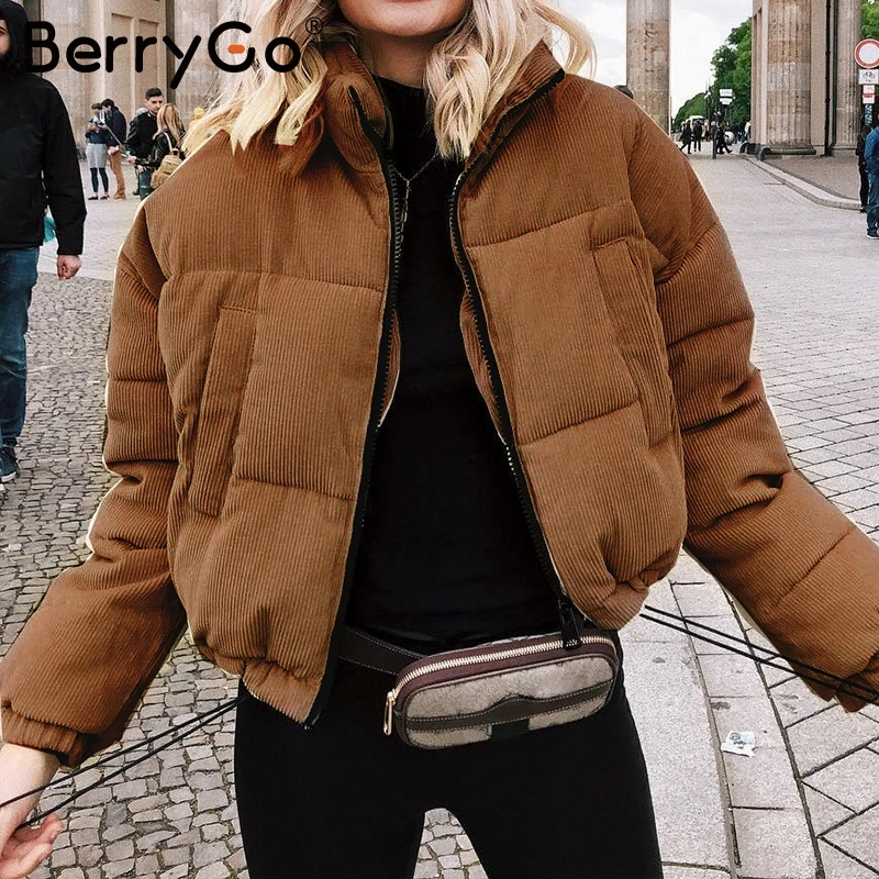 BerryGo Повседневное вельветовые Толстая парка пальто Зимняя теплая Модная Верхняя одежда Пальто Для женщин Хаки Куртка в уличном стиле пальто