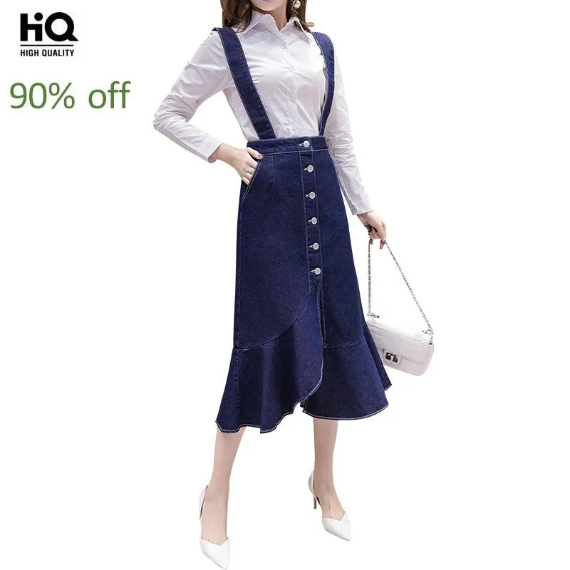 Новые весенние повседневные женские джинсовые лямки платье миди с оборками