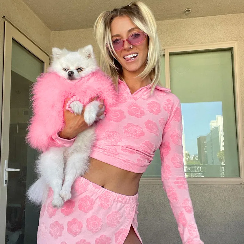 

Pink Sweet Backless Lace Up Flocking Skirt Set 2021 Autumn Long Sleeve Cotton Turndown Collor Top Split Mini Skirt Two Piece Set