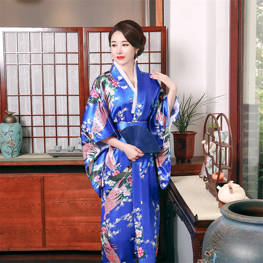 Новое шелковое традиционное японское модное кимоно для женщин Павлин Мужская
