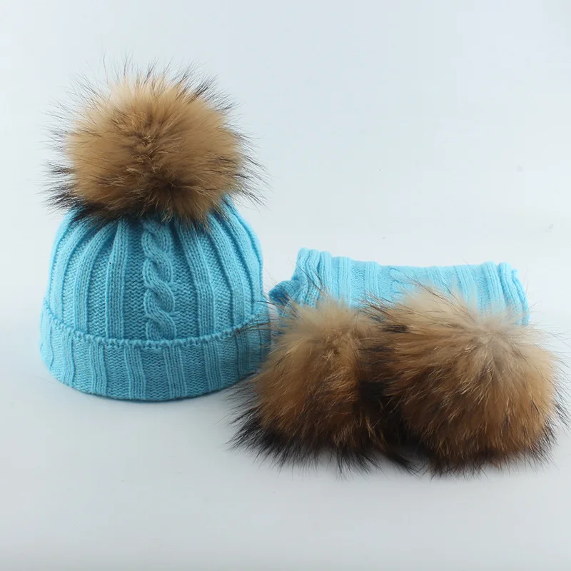 

Girl Hat Scarf Set Winter Real Raccoon Fur Pompom Beanie Boy Acrylic Knit Autumn Warm Skiing Accessory For Kids Baby Toddlers